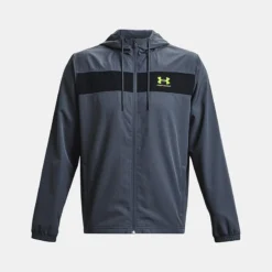 Under Armour Men's UA Sportstyle Windbreaker Jacket Downpour Grey / Black / Lime Surge -Sports Clothing Store ps1361621 044 hf