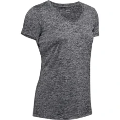 Under Armour Women's Tech™ SS V-Neck Twist T-Shirt Black / Metallic Silver -Sports Clothing Store s7.ps1258568 001 hf
