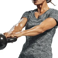 Under Armour Women's Tech™ SS V-Neck Twist T-Shirt Black / Metallic Silver -Sports Clothing Store s7.v5 1258568 001 bc