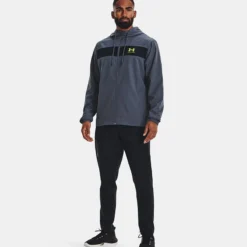 Under Armour Men's UA Sportstyle Windbreaker Jacket Downpour Grey / Black / Lime Surge -Sports Clothing Store v5 1361621 044 fsf